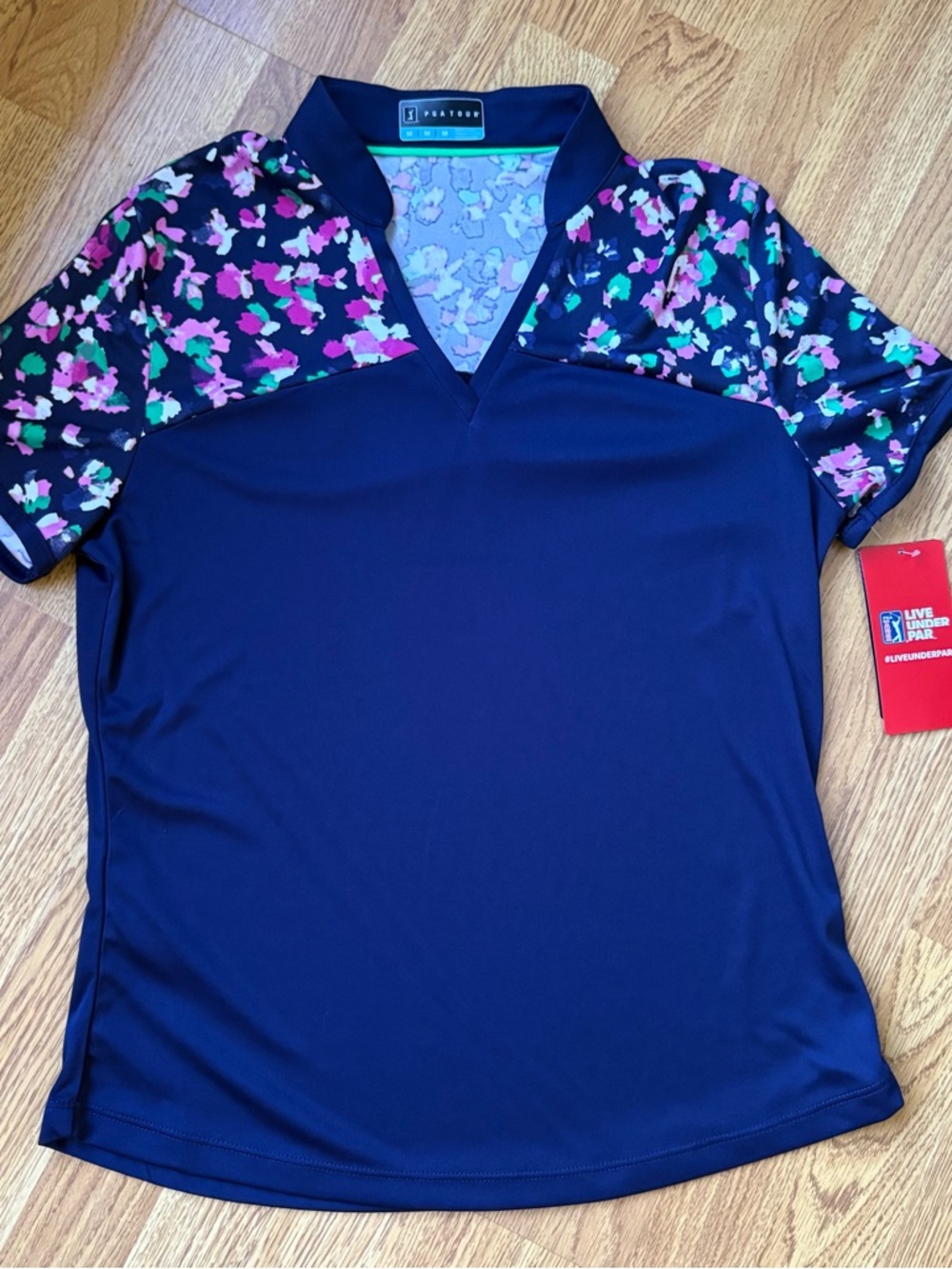 PGA Tour navy pink floral v neck top shirt golf polo short sleeve sz M NEW